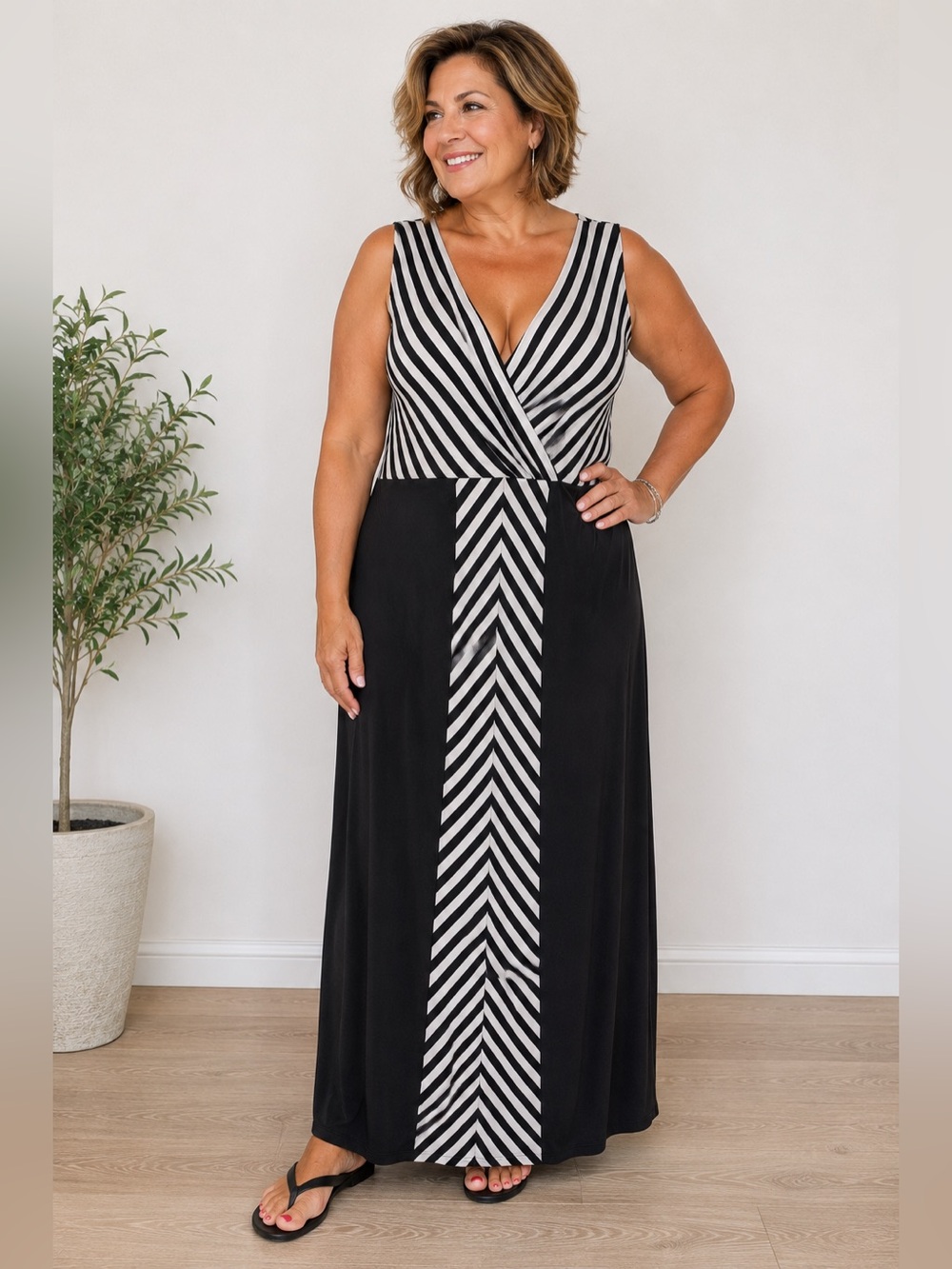 Antthony Originals Black White Striped Maxi Dress 1X Deep V USA